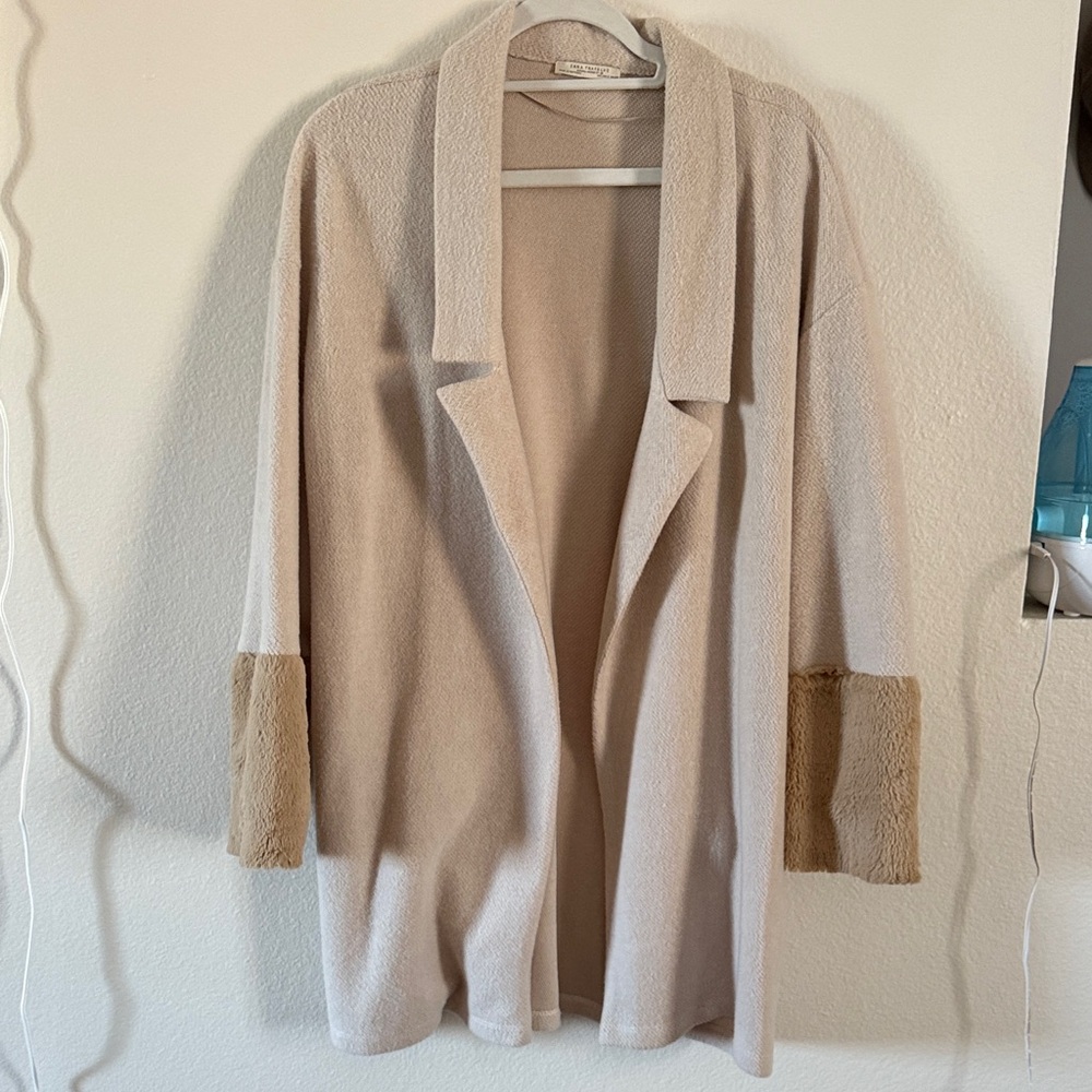 Zara Beige Open Front Coatigan with Faux Fur Cuff Detail